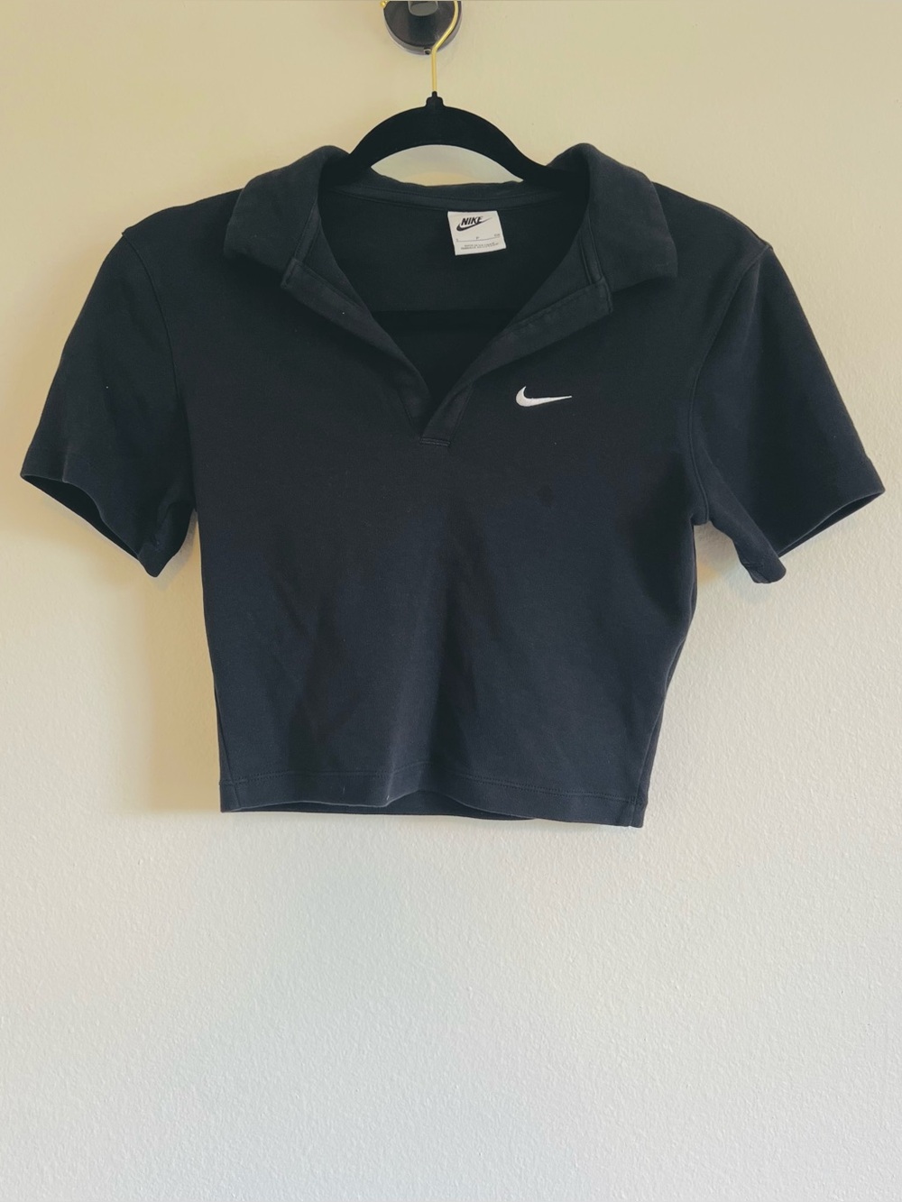Nike Black Cropped Polo Top with White Swoosh